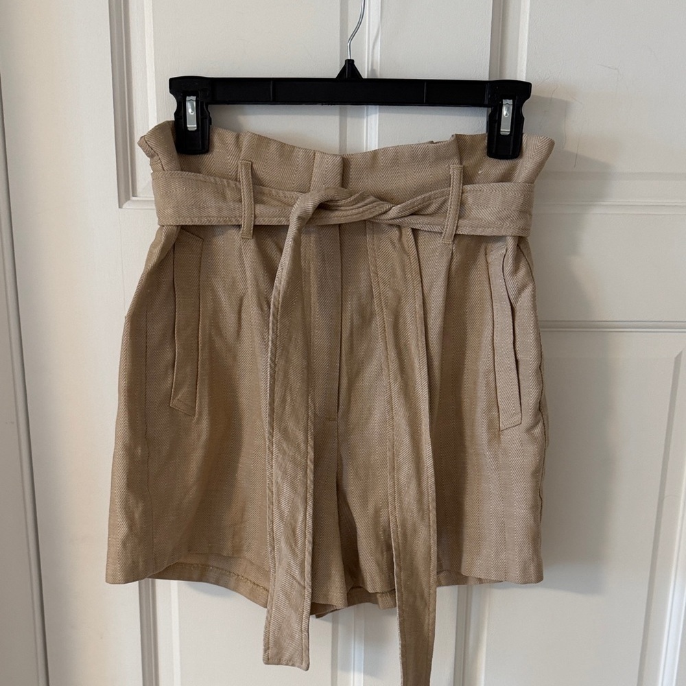 Express Extreme High Rise Midi Linen Blend Belted Paperbag Waist Short Tan 6
